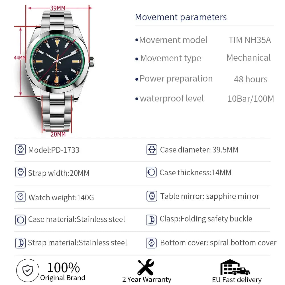 Pagani Design mechanical men's watch with stainless steel case and bracelet, blue dial