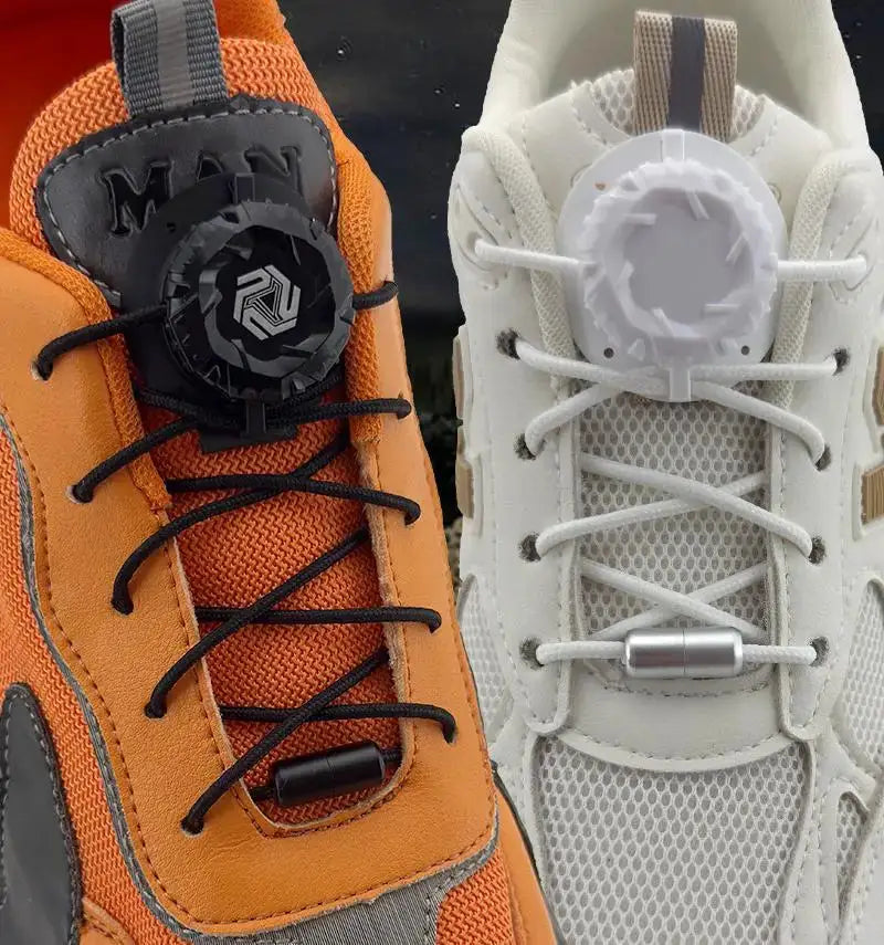 No-tie sneaker laces by Simples Market; orange and white sneakers with swivel dial closures, two sneakers