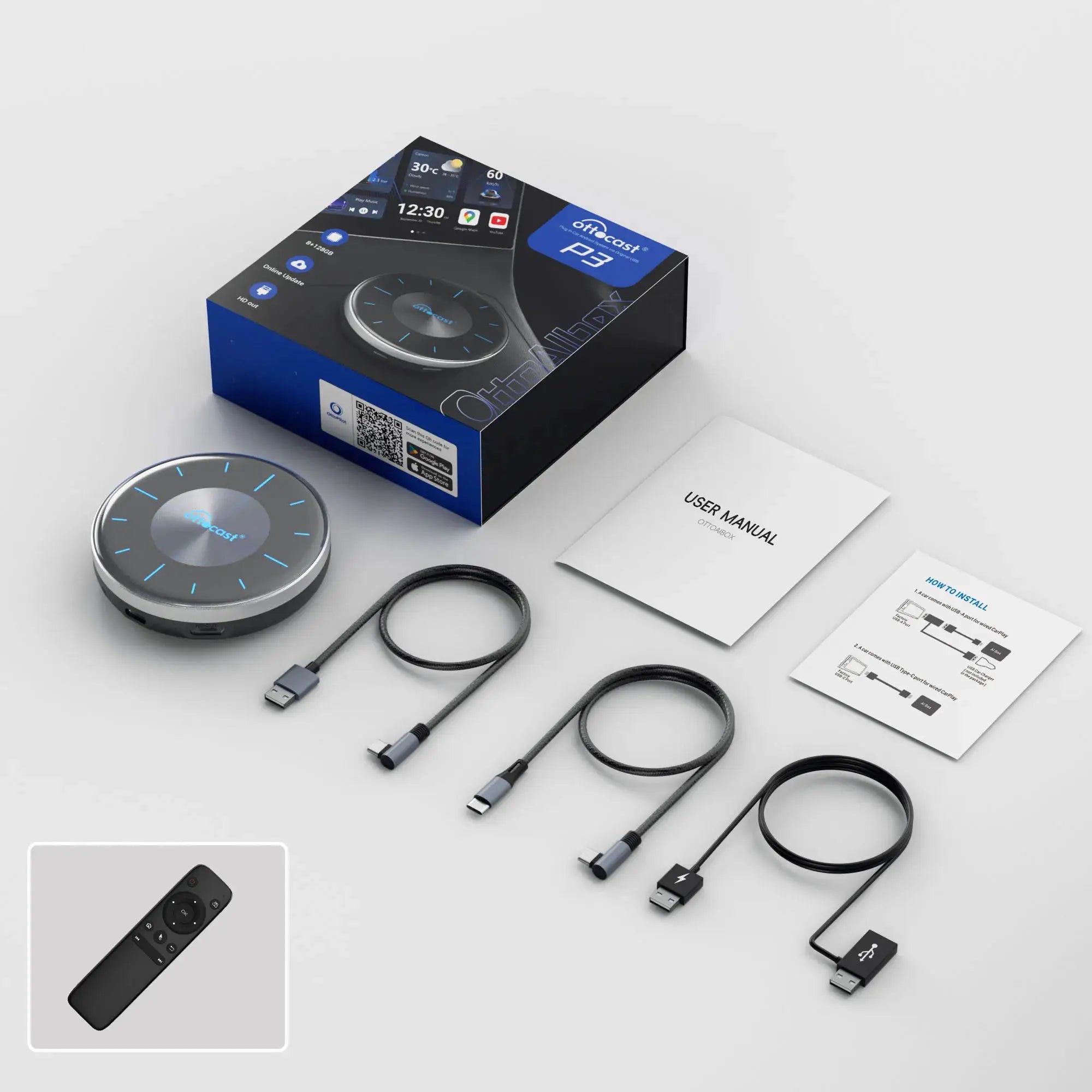 OTTOCAST P3 OttoAibox CarPlay AI Box; circular blue LED puck with cables and remote nearby.