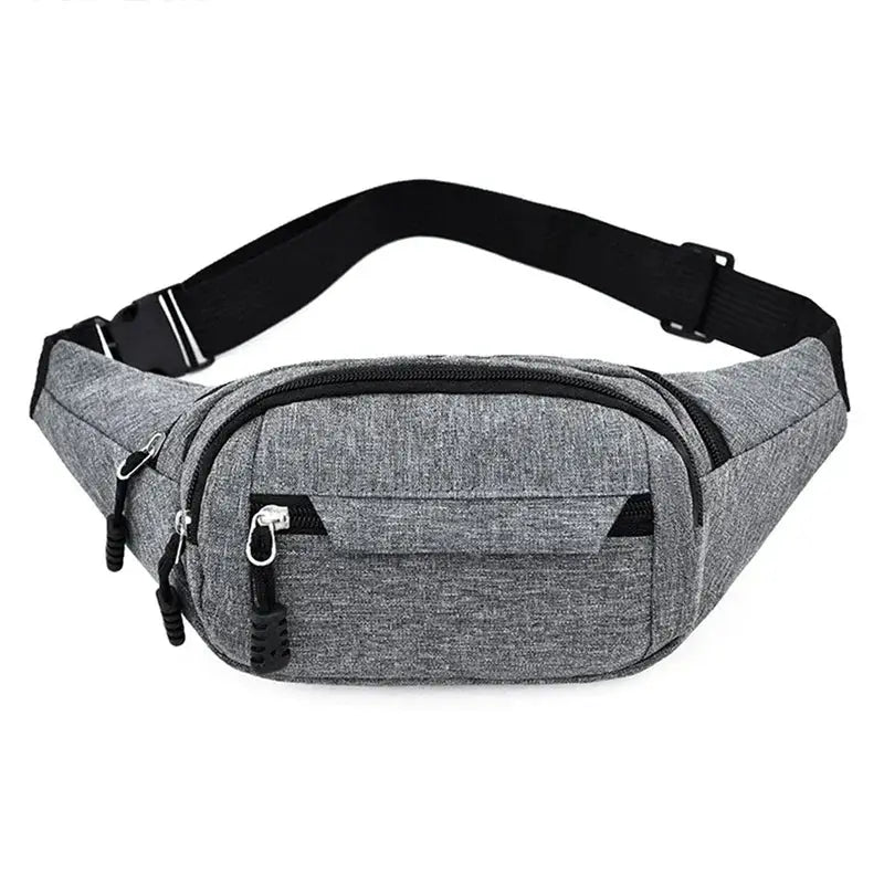 Grey waist bag for men and women with multiple zip pockets and an adjustable strap