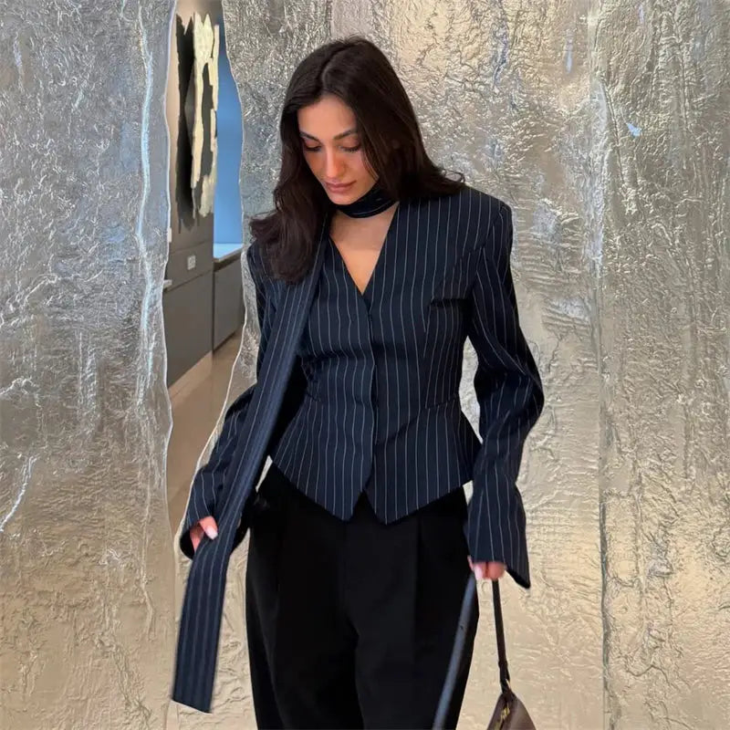 Tuularose 3 Piece Dress Set V Neck Striped Ribbon Blazer Slim Dress