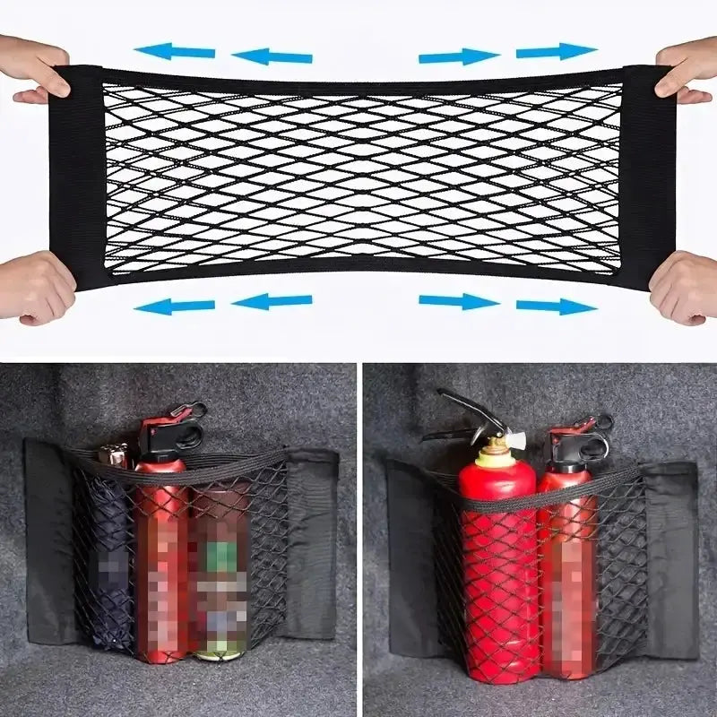 Universal Car Storage Bag Double Mesh Trunk Storage Net For Secure Organization Built In Fire Extinguisher Fixed Net