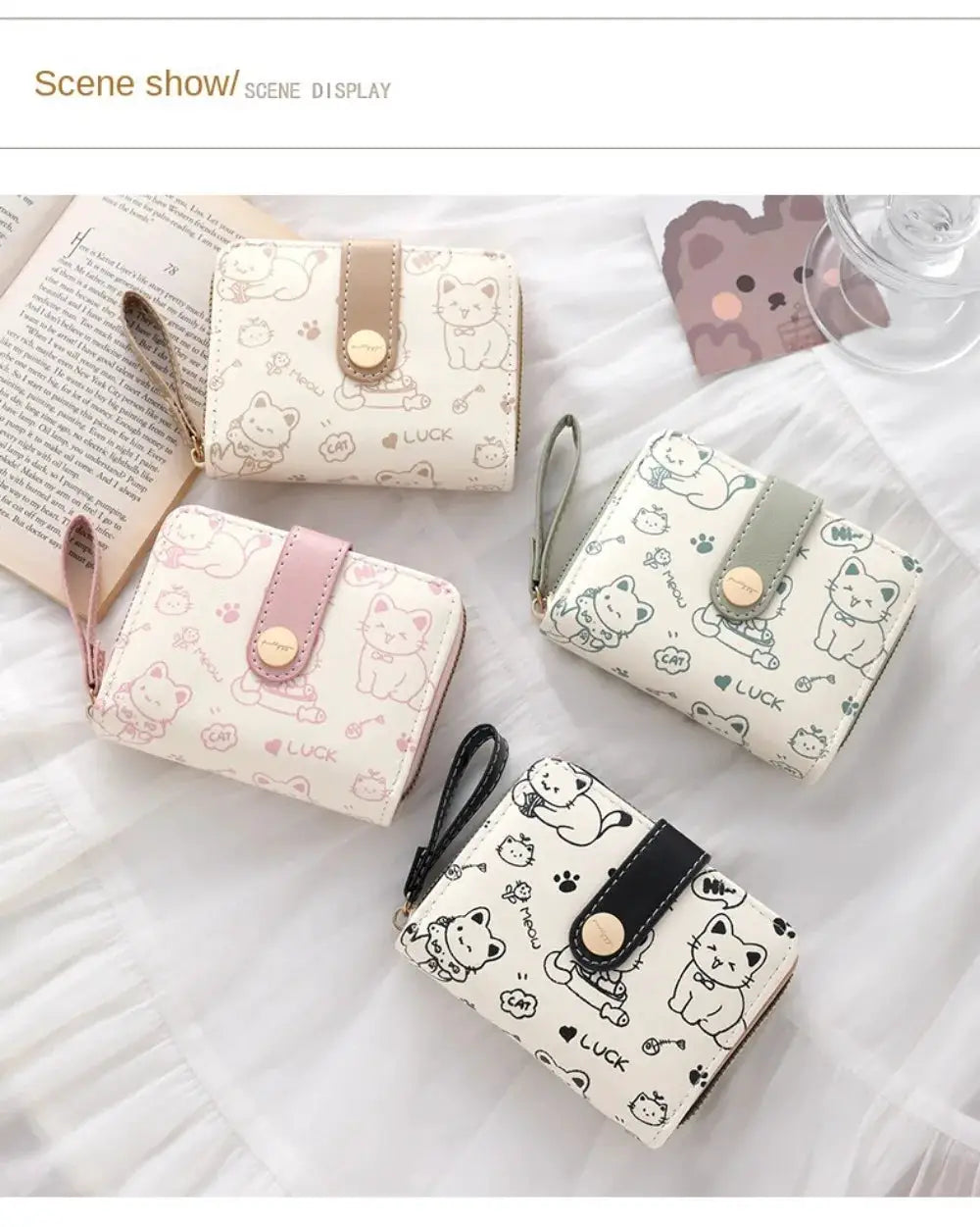 Cute cat coin purses; PU leather wallets with straps; set of four in pink, beige, green, and black