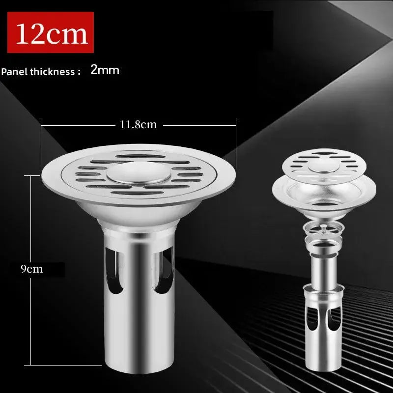 Pair of stainless steel floor drains with circular slotted strainers, 12 cm diameter and 9 cm tall
