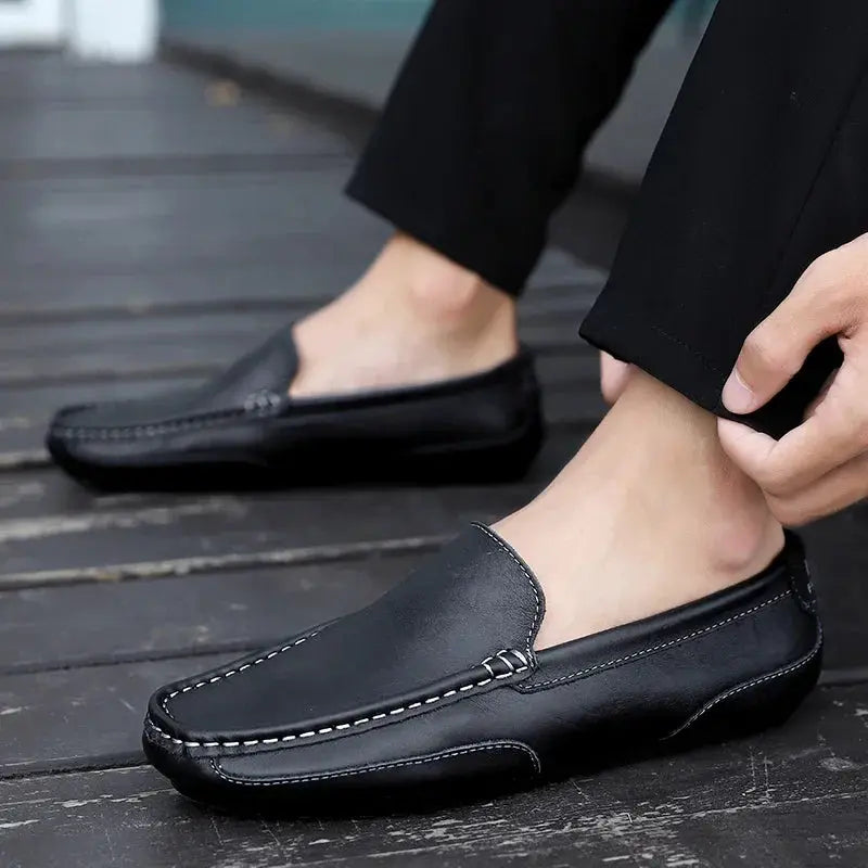 Men's leather loafers, black genuine leather with white contrast stitching, slip-on moccasin style