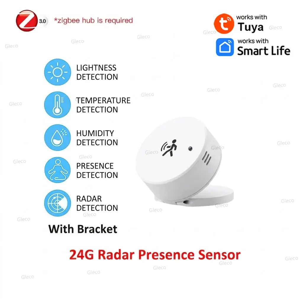 Simples Market 24G Radar Presence Sensor with Bracket; Zigbee 3.0, Tuya/Smart Life compatible home security device