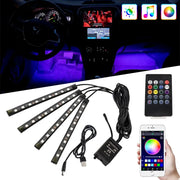 Simples Market automotive ambient light kit with four USB LED strips, controller, and color remote for car lighting.
