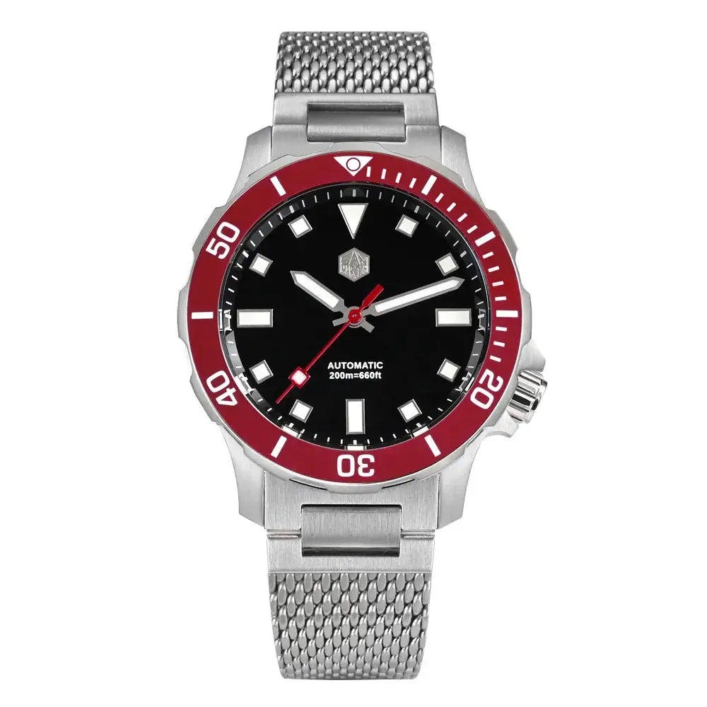 San Martin Diver watch with red bezel, black dial, Milanese bracelet, NH35 automatic, 200m water resistant.