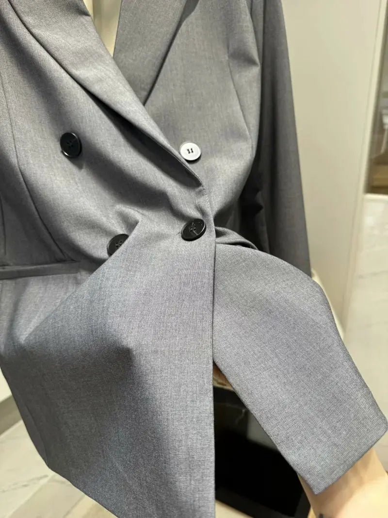 ETJ 2025 women's spring suit set: gray double-breasted blazer with shoulder padding