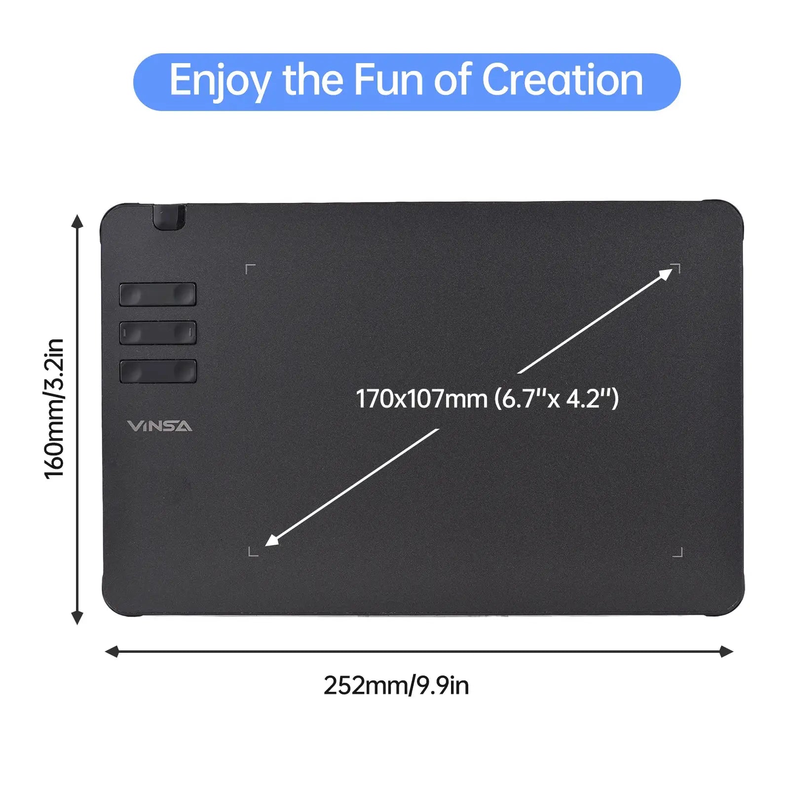 VINSA drawing tablet back panel with three side buttons and VINSA logo, 252mm wide (9.9in)