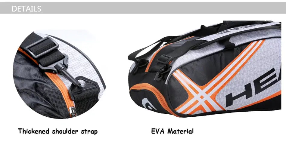 HEAD tennis racquet backpack, large capacity for 3–6 racquets, gray/orange EVA material with separate shoe compartment