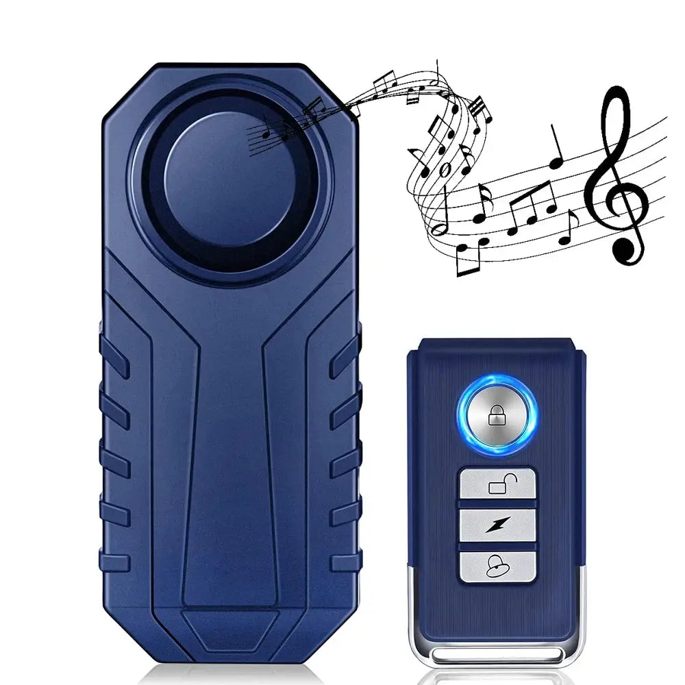 113dB bike anti-theft alarm two-item set by Simples Market with blue remote fob and vibration sensor
