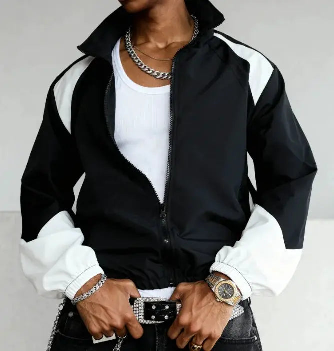 Simples Market men's color-blocked windbreaker jacket, black with white panels; lightweight casual travel wear