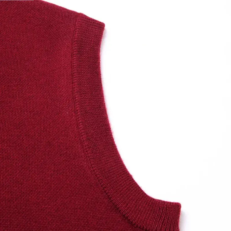 Men's burgundy V-neck knitted vest; solid color, warm casual knit top
