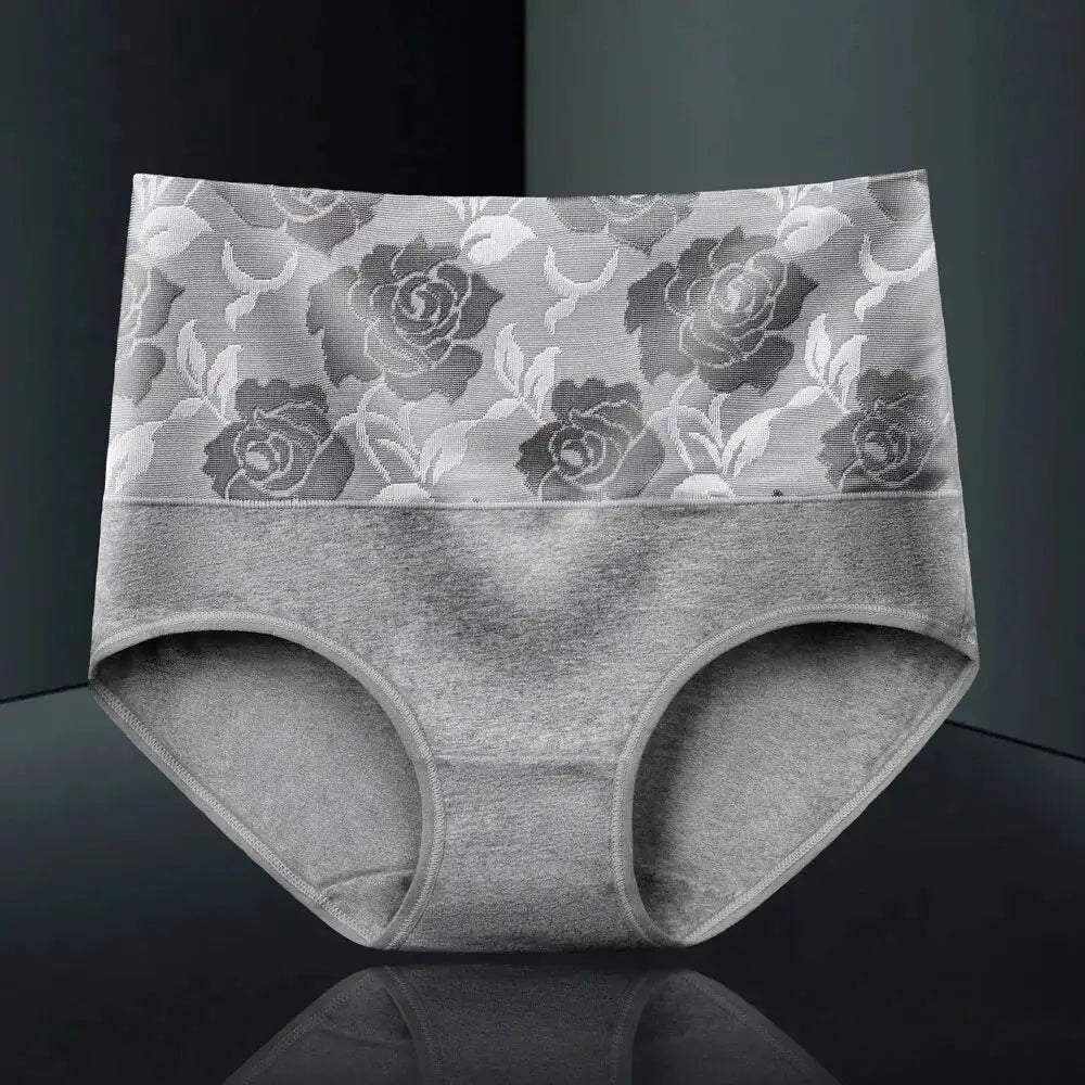 High-waist cotton women's panties with floral lace waistband in gray