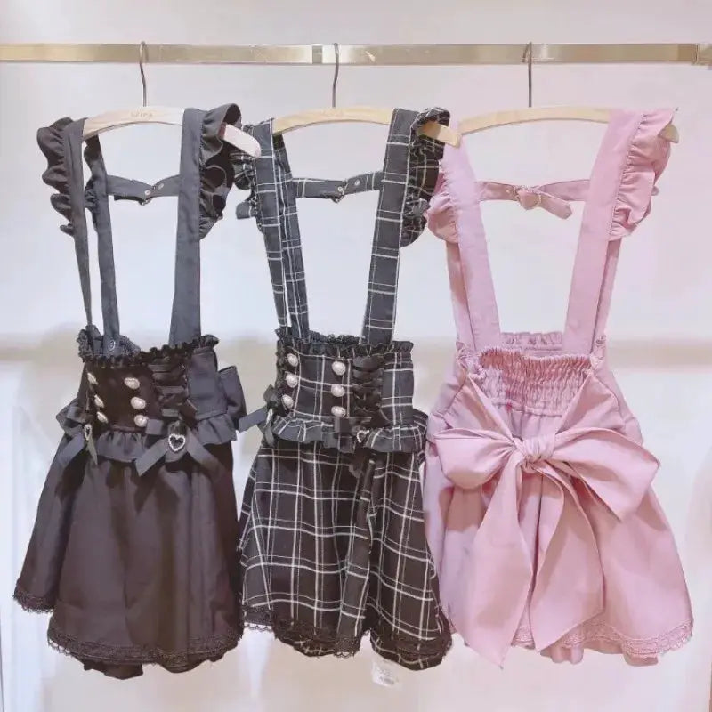 Gothic Lolita ribbon suspender plaid skirts set of 3 in gray, black plaid, and pink with lace trim and bows