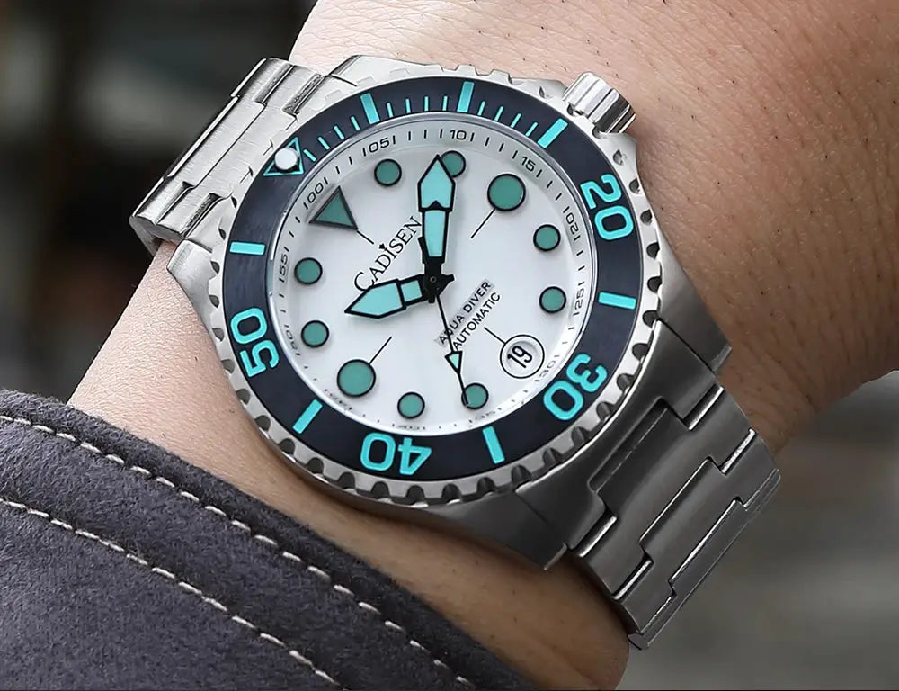 Cadisen Aqua Diver men's automatic watch; stainless steel, blue bezel, luminous markers, 100m water resistant
