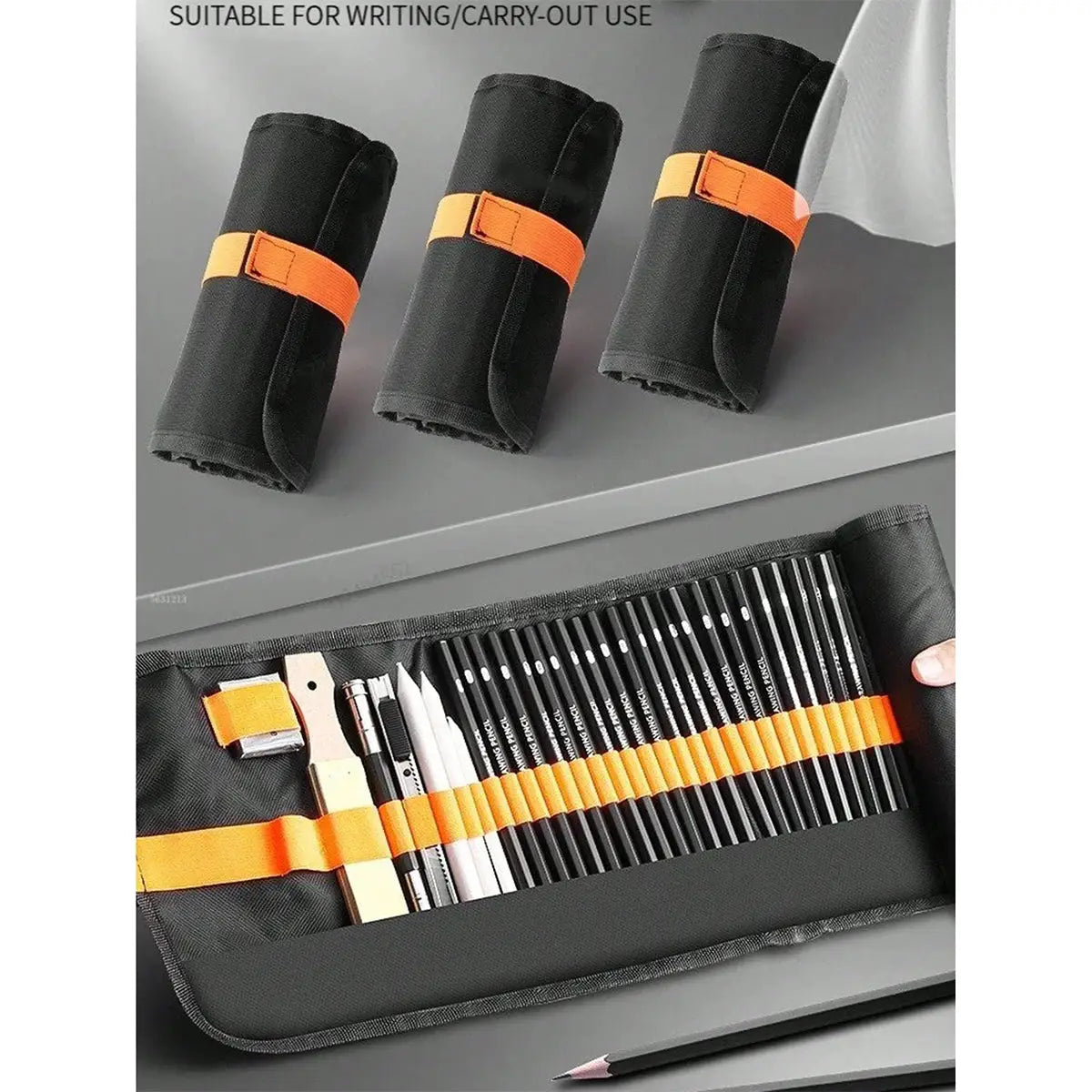 Simples Market sketching pen set (27/38/48pcs) in black roll-up case with orange straps; three pouches shown.