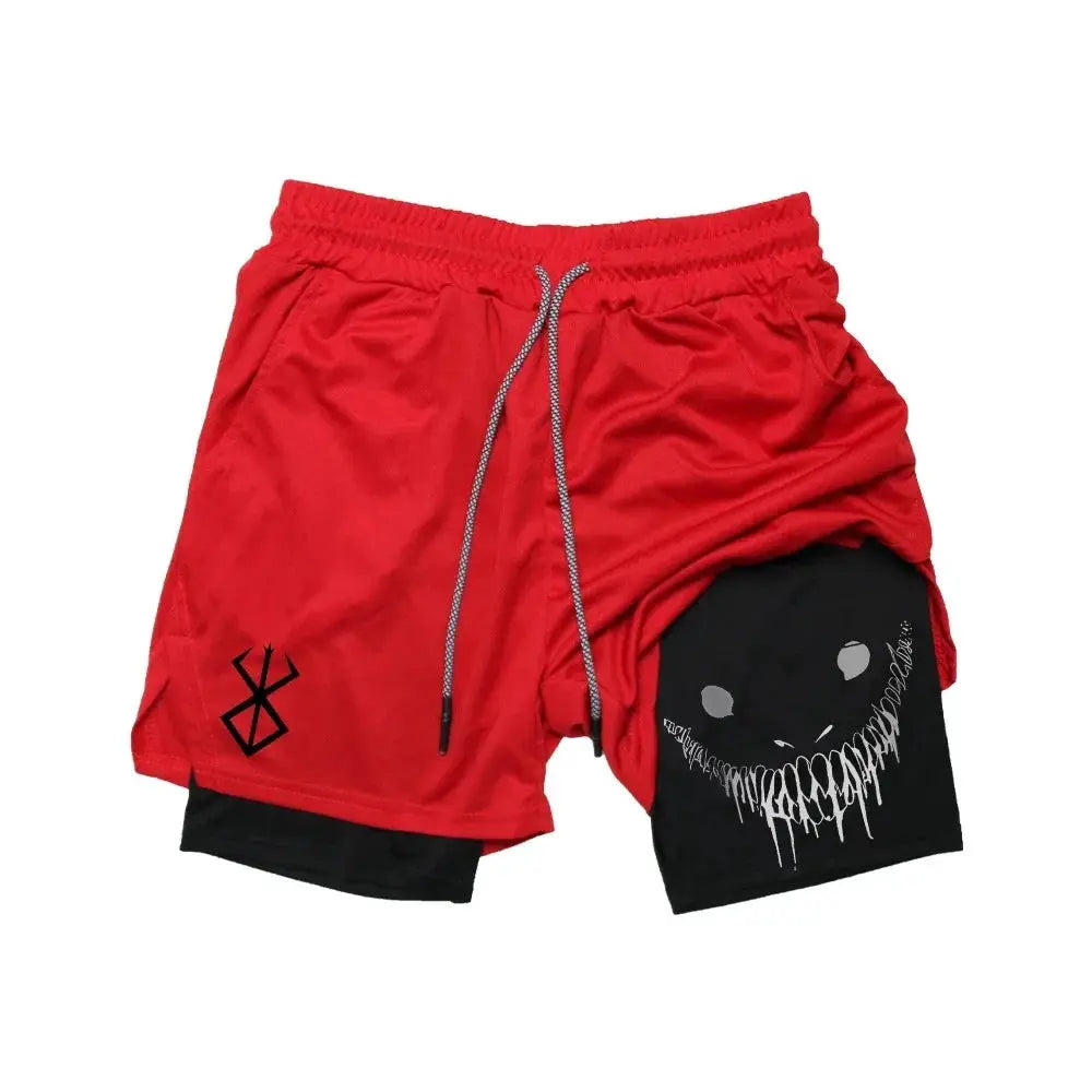 Red 2-in-1 men's running shorts with black inner layer, quick-dry fabric, gray drawstring, left logo, right graphic.