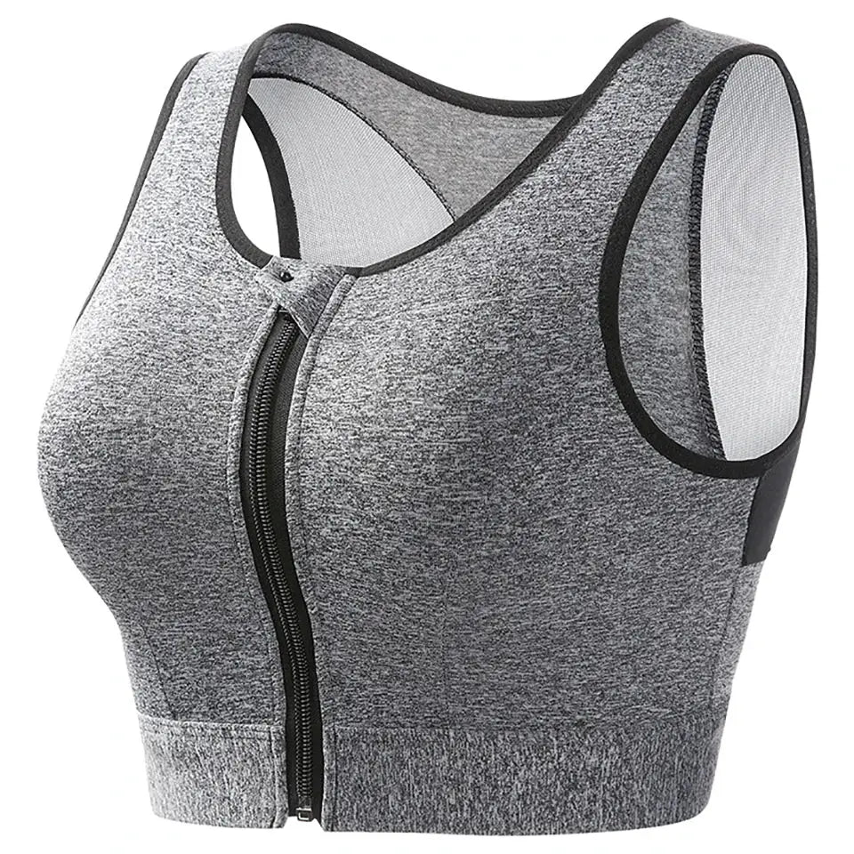 Plus-size zip-front longline sports bra; grey heather, padded crop tank for workouts