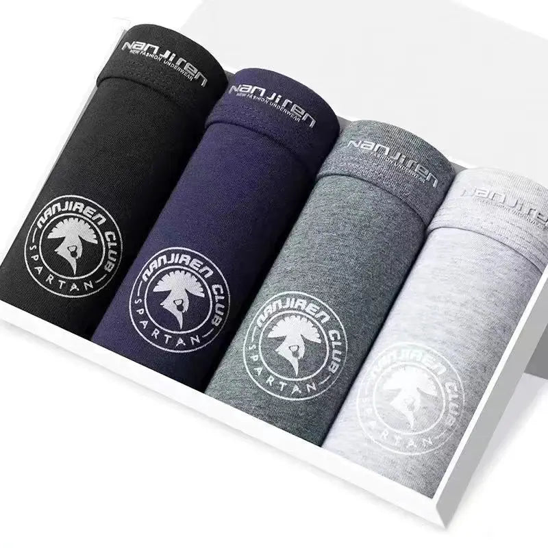 4-pack men's cotton boxer shorts in black, navy, charcoal, and light gray with Spartan Club logo on each pair