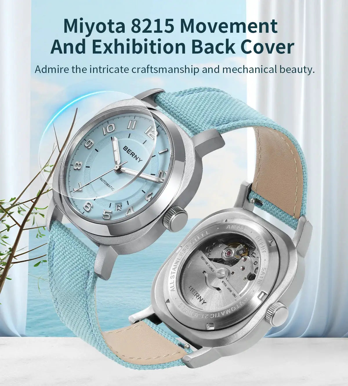 BERNY women's self-wind mechanical watch with light-blue dial and fabric strap; sapphire crystal