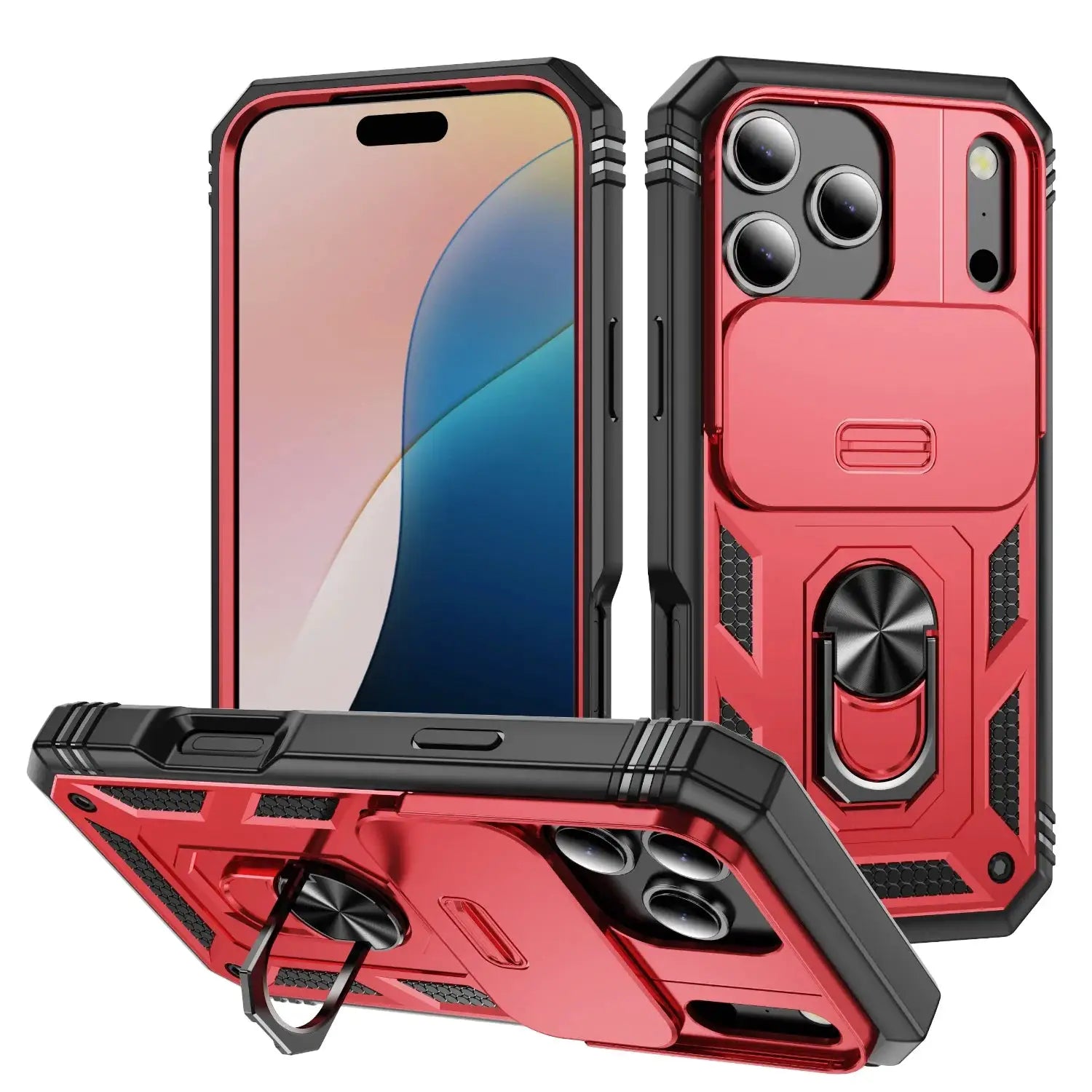 Red heavy-duty slide camera phone case with 360-degree rotating kickstand for iPhone 12–17 series