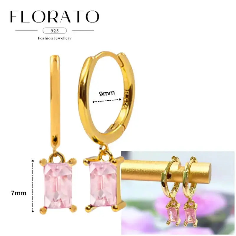 Florato 925 gold-tone pink zircon earrings set, 3 pcs: drop bar, square-hoop, and pink dangle hoop styles