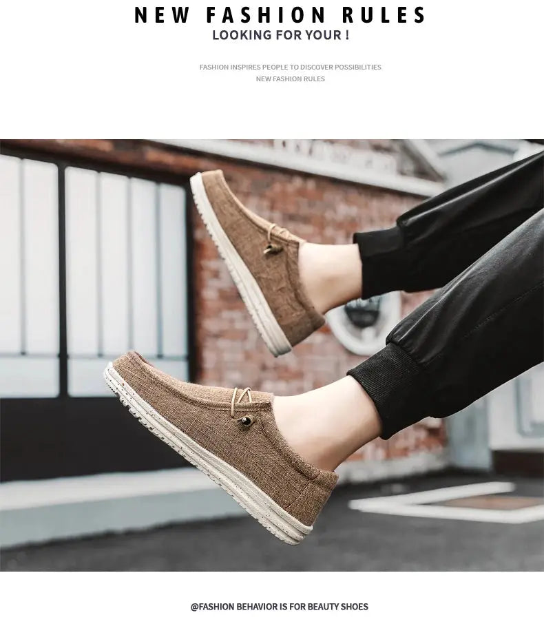 Men's brown canvas loafers with white vulcanized sole, breathable casual walking shoes (2 shown)
