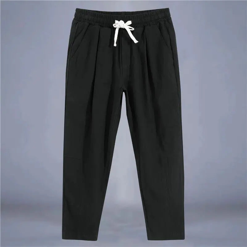 Mens Cotton Linen Solid Color Casual Pants Breathable Loose Fit Trousers With Drawstring Waist Streetwear