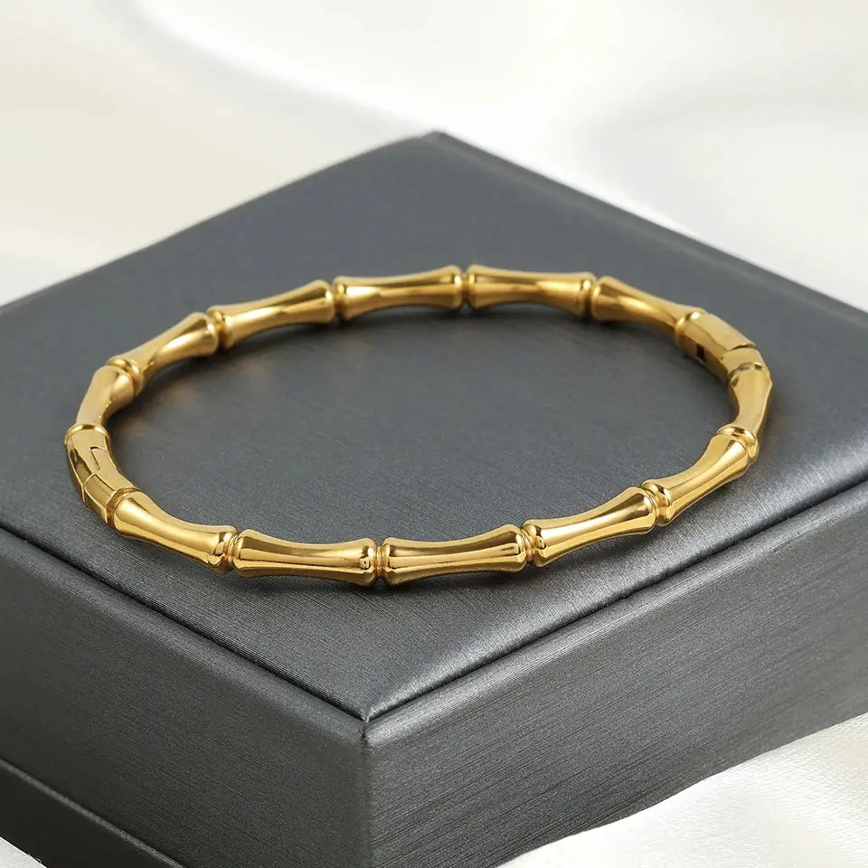 Cuff bracelet for women, gold-tone bamboo-style stainless steel, openable