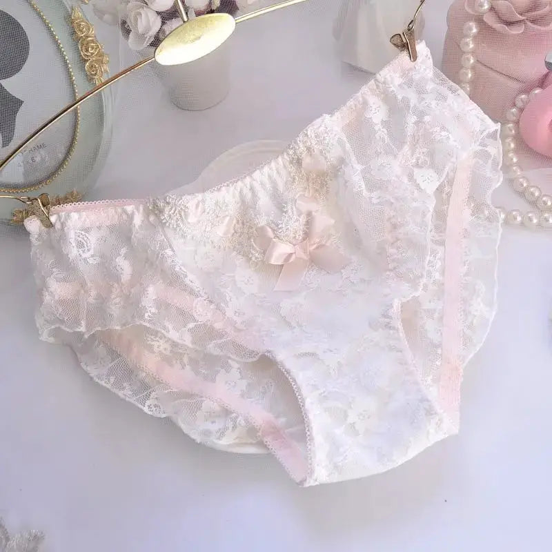 White lace panties with pink bow and ruffle trim, breathable underwear