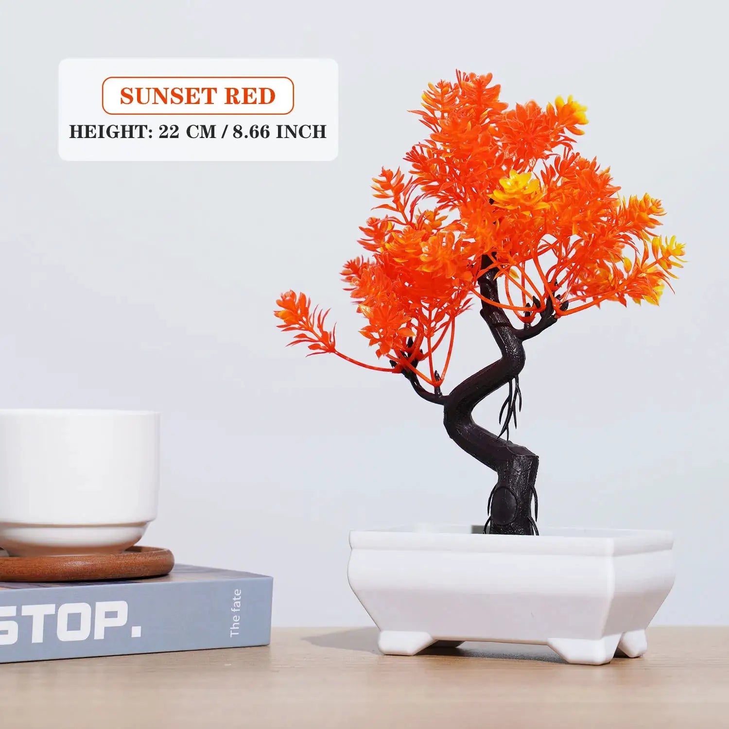 Artificial bonsai tree in white pot with sunset-red leaves, Simples Market tabletop decor