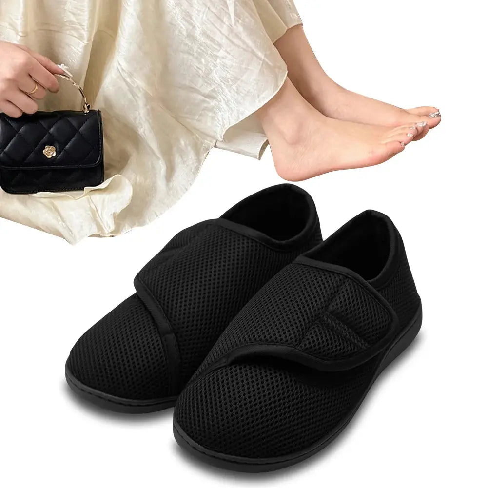 Unisex diabetic wide walking shoes pair by Simples Market, black mesh upper with hook-and-loop strap and plush lining