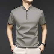 Men's gray zippered polo shirt with stand-up collar and short sleeves