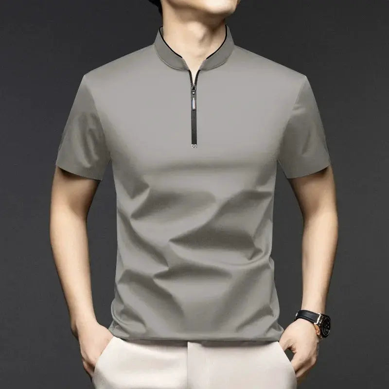 Men's gray zippered polo shirt with stand-up collar and short sleeves