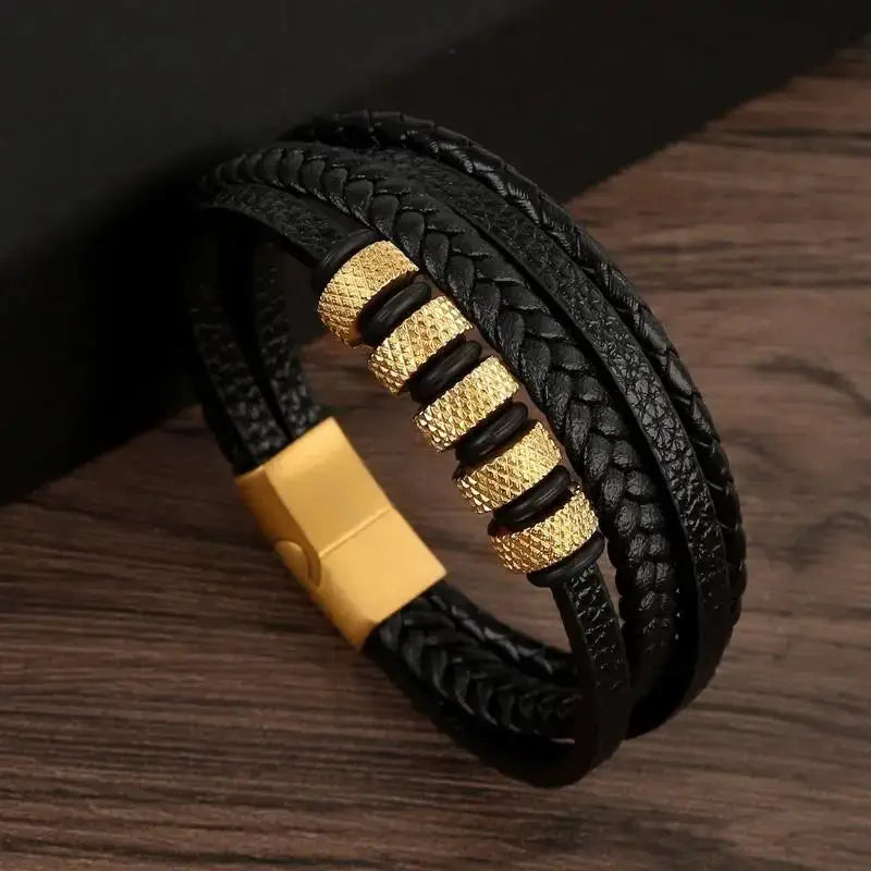 Classic Mens Leather Bracelet Hand Woven Multi Layer Style Fashion Jewelry For Men Durable Casual Accessory