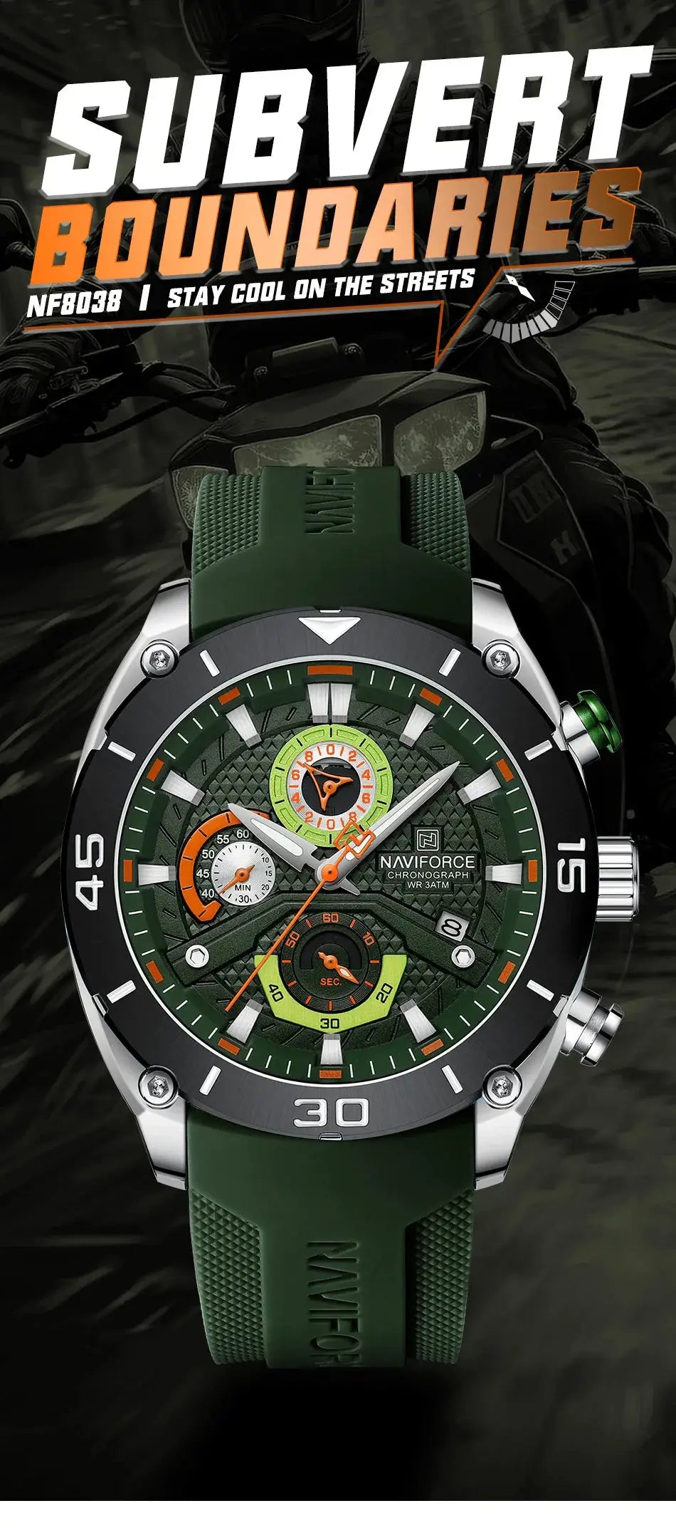 NAVIFORCE men's waterproof chronograph sport watch with green dial and green strap