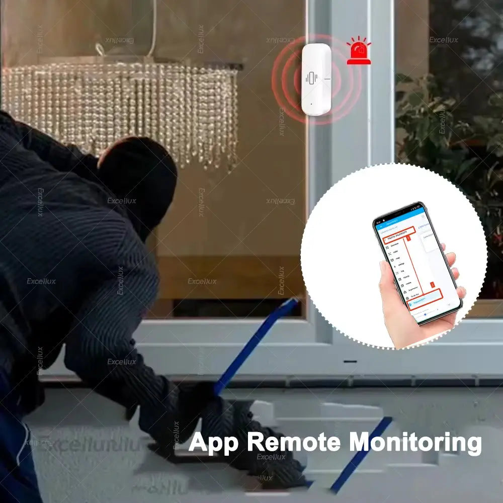 ZigBee vibration sensor on window frame with red alert waves; app-controlled security monitoring via smartphone.