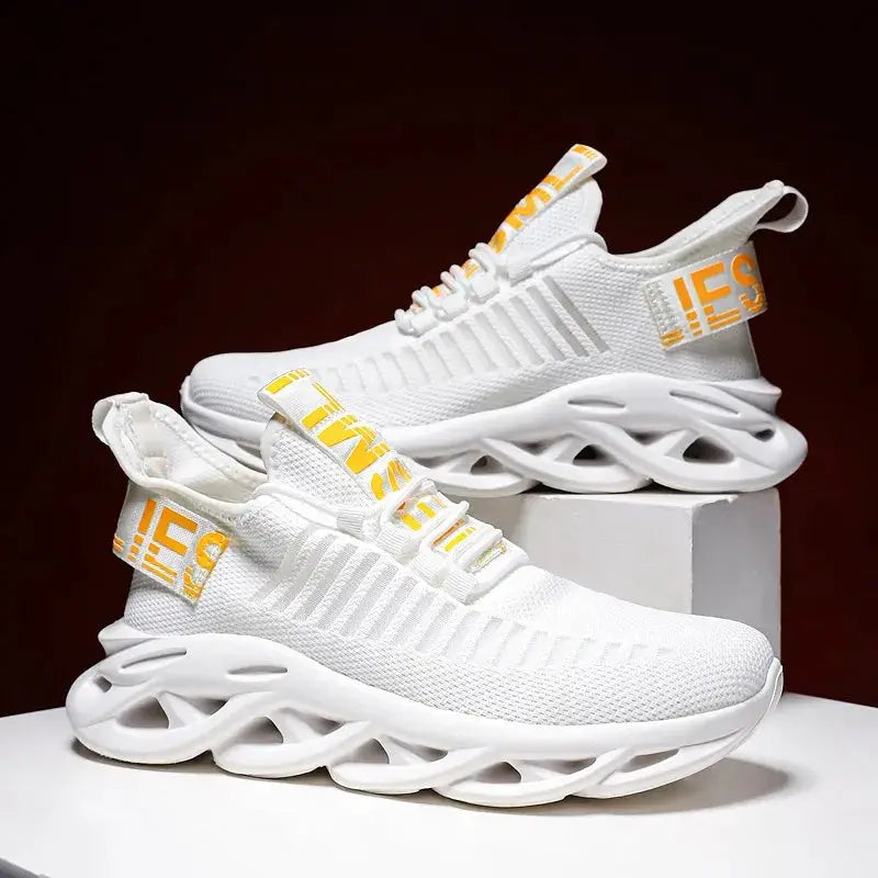Unisex running sneakers by Simples Market, white with breathable knit upper and yellow accents (pair)