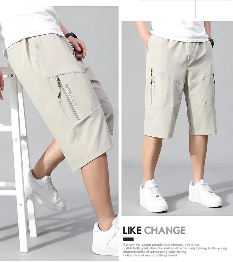 Mens cargo shorts knee-length in light beige cotton with zip pockets by Simples Market