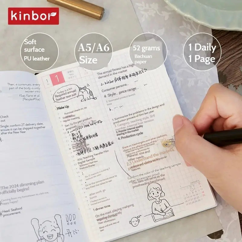 Kinbor Notebook planner 2026, A5/A6, PU leather cover, full-year daily planner Simples Market
