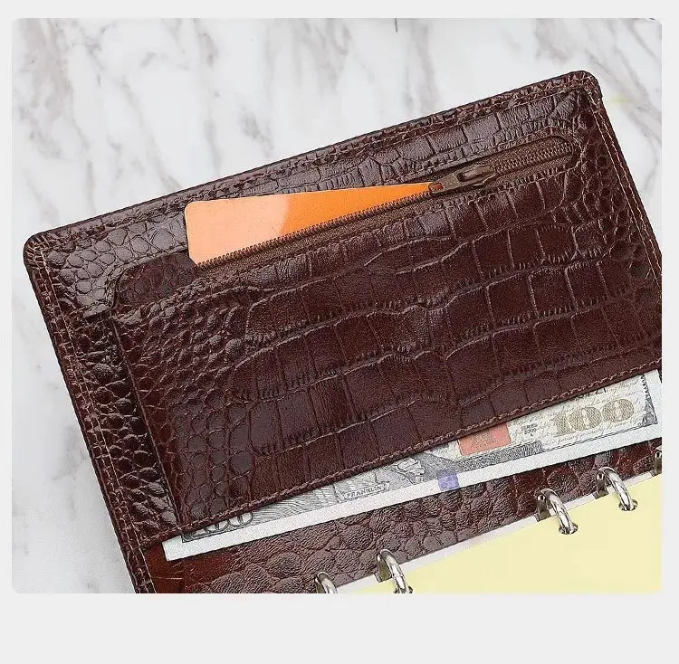 Yiwi Genuine Leather Pocket Size Planner in brown croc-embossed cover with card slot and ring binder