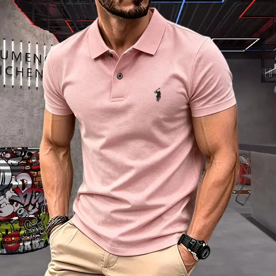 Men's pink polo shirt, 100% cotton, pony embroidery, Simples Market.