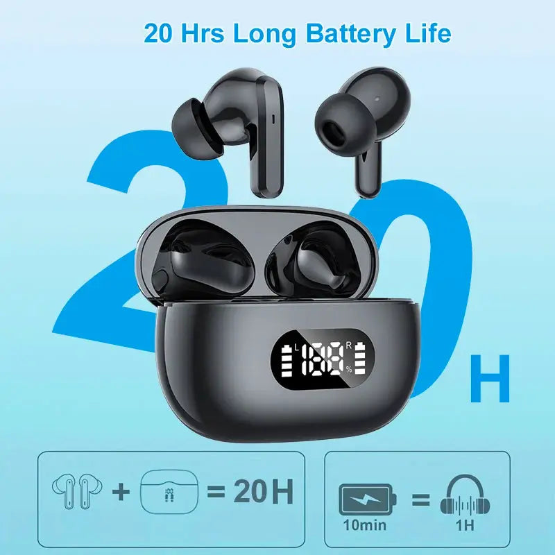 Simples Market wireless earbuds with LED display charging case, black, Bluetooth 5.3, 6-mic ENC, TWS