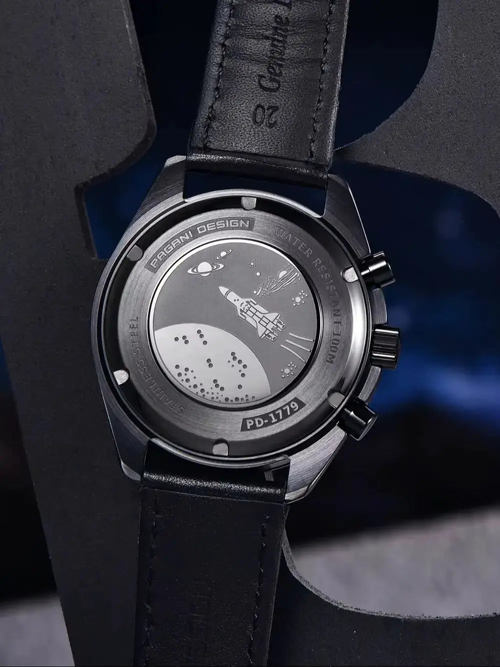 PAGANI DESIGN Moon Dark men's watch with black leather strap and stainless steel case back PD-1779