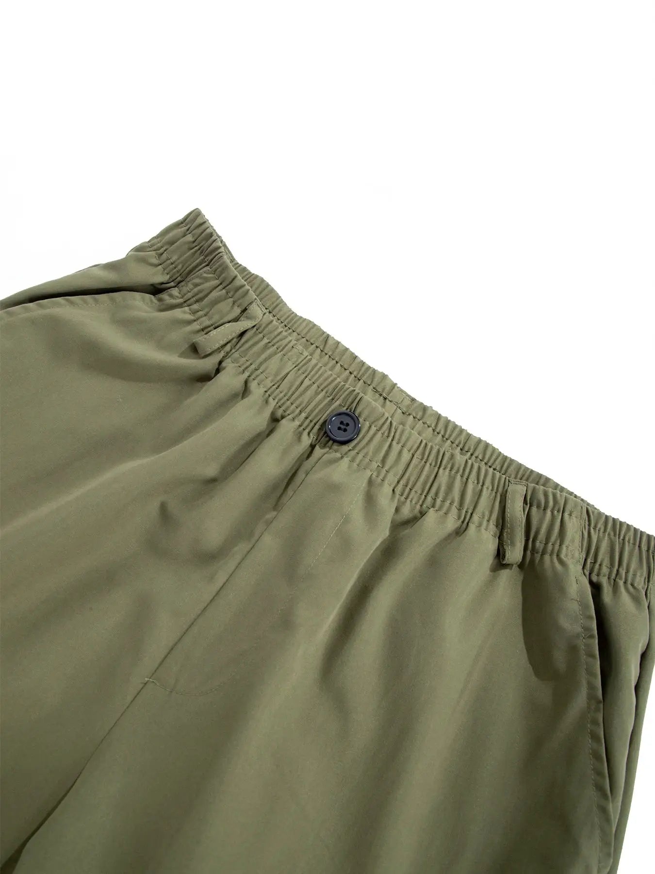 Men's olive-green casual trousers with elastic waistband and front button, lightweight outdoor pants