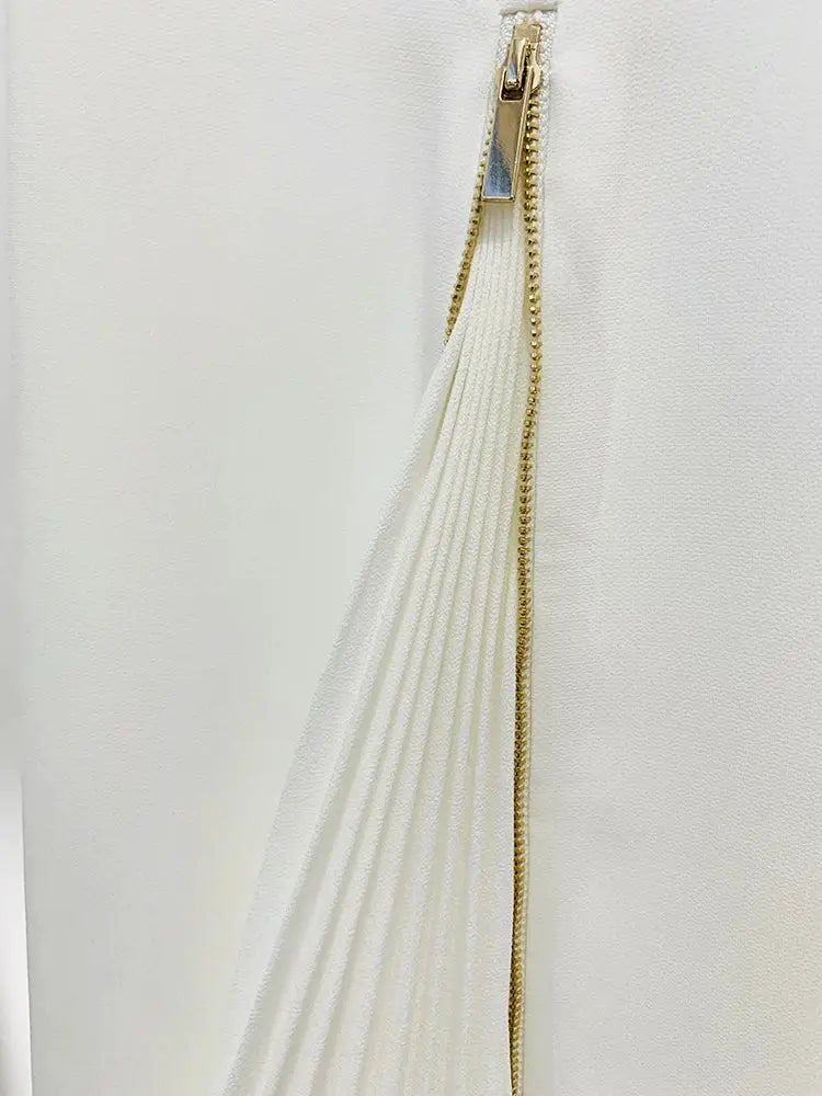 White blazer with gold zipper and pleated trim, women's 2-piece suit set