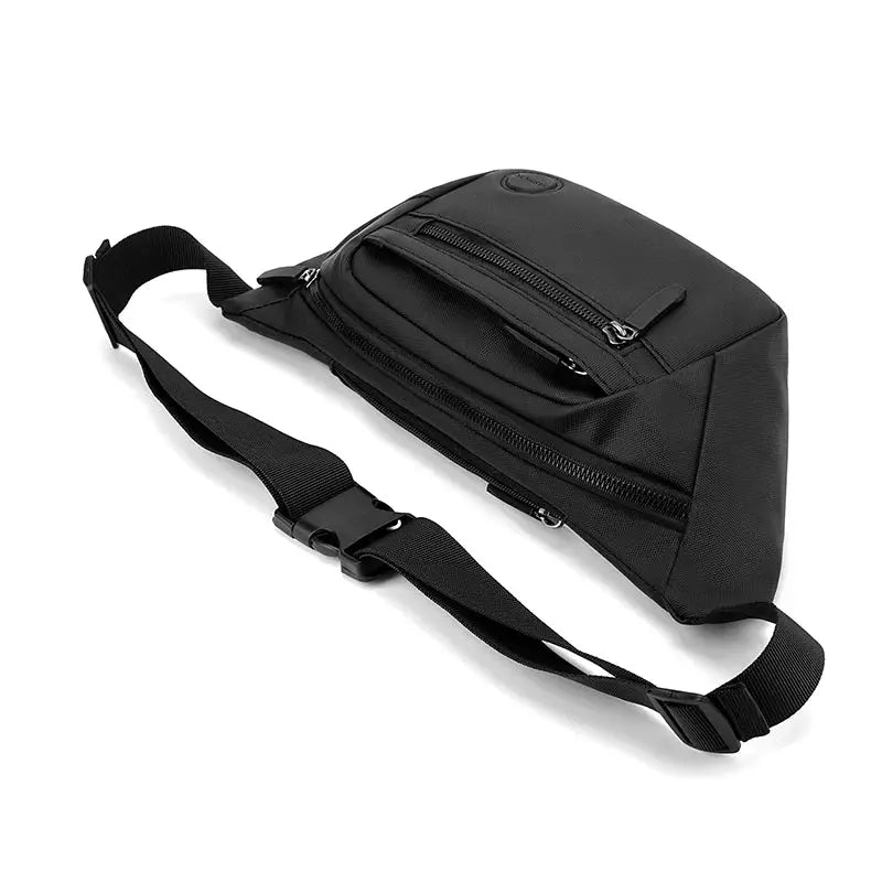 Unisex black waterproof waist bag by Simples Market with adjustable strap and multiple zip pockets.
