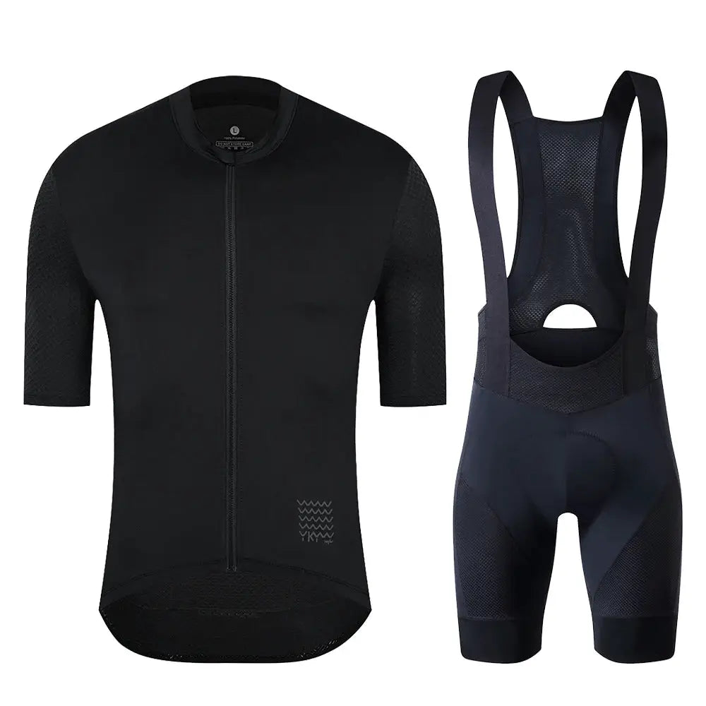 Two-piece YKYWBIKE cycling jersey set: black zip-front jersey with mesh sleeves and bib shorts